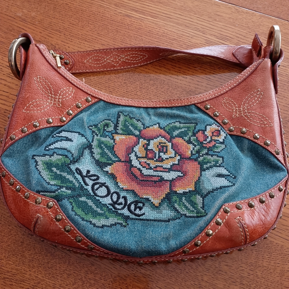 Isabella Fiore Leather Denim Tapestry Purse Hobo Bag Floral Love Y2K